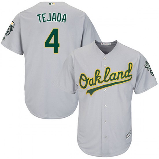 Men's Oakland Athletics #4 Miguel Tejada Grey Cool Base Stitched MLB Jersey